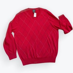 Jos. A. Bank V Neck Sweater Lambswool Red Gray Argyle Large